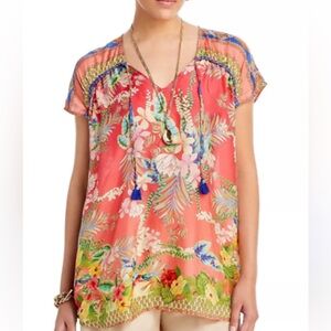 Johnny Was Rapsodia Arianna Tie Neck Top Floral Coral Silk with Tassels S